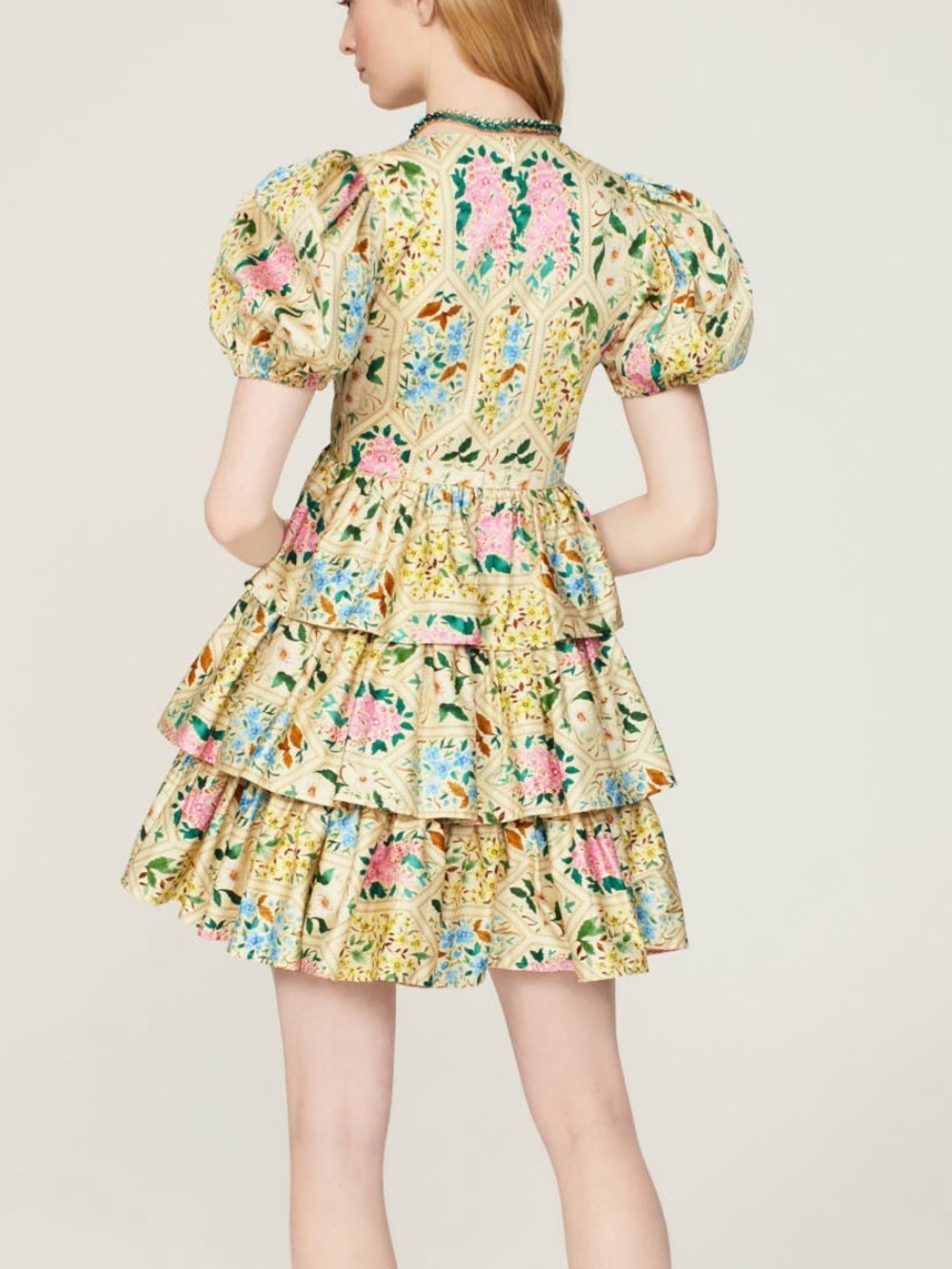 Hunter Bell Porter Dress Tiered Puff-Sleeve Dress in Floral Tile | Size 8 - Picture 4 of 9